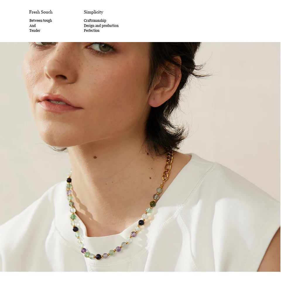 Yhpup Wasserdichte, stilvolle, bunte Natursteinperlenkette, Edelstahl-Halskette für Frauen, exquisiter handgefertigter Schmuck, neu – Detail 3
