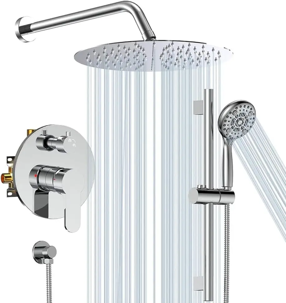 12 Inch Shower System, Slide Bar Shower Faucets Sets Complete Round Shower Heads and 6-Spray Handheld Combo, Wall Mo