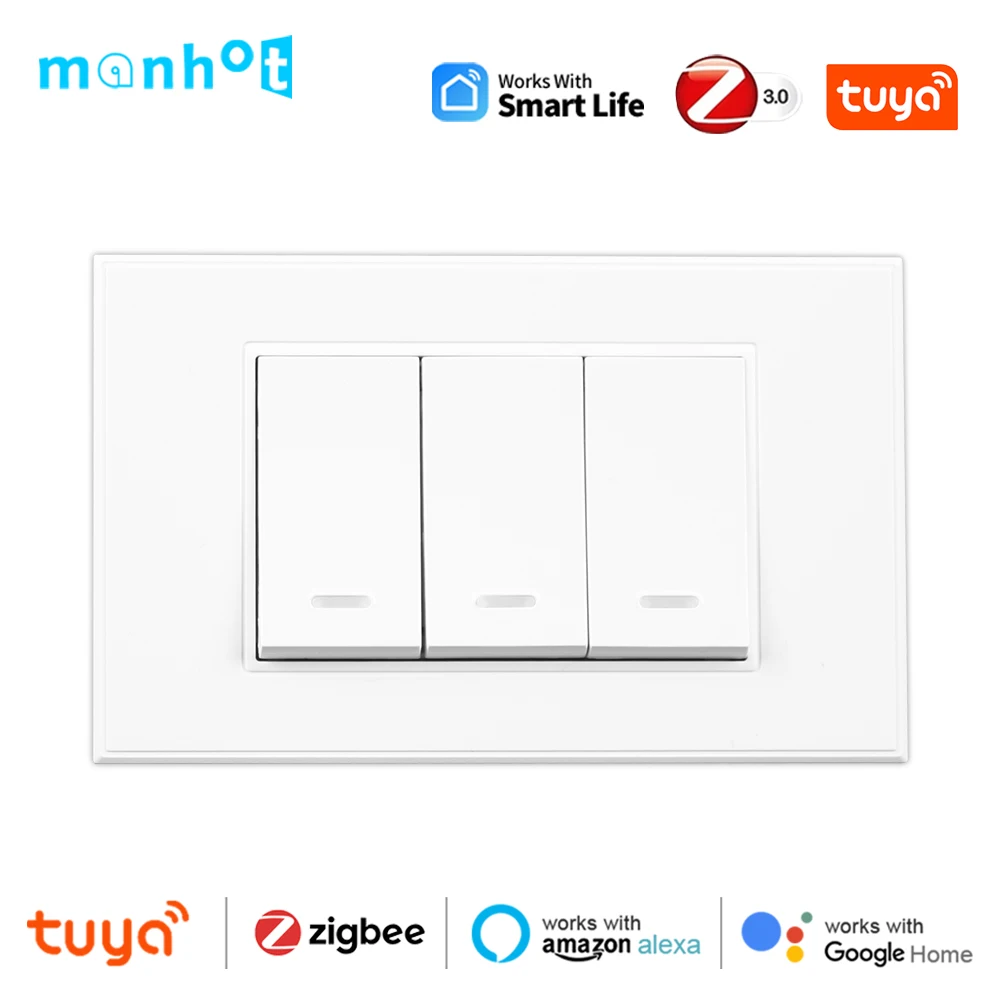 Tuya Zigbee3.0 Wall Light Switch 1 2 3 Gang Push Button Light Switches Smart Life US Interrupter Alexa Google Home Voice Control