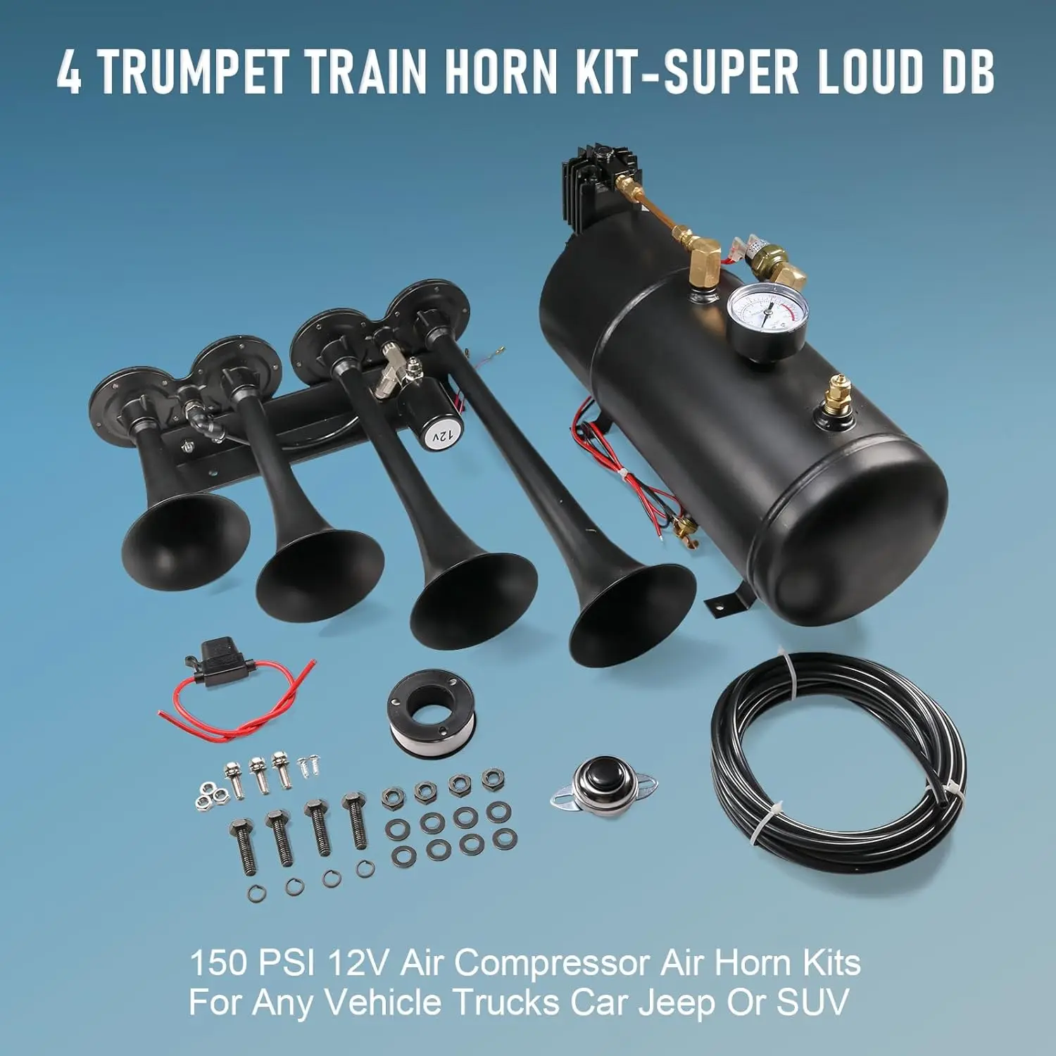 4 Trumpet Train Horn Kit for Car/Truck/Pickup/Semi/Jeep/RV/SUV 12v Complete Onboard System 150psi Air Compressor, 1 Gallon Air T