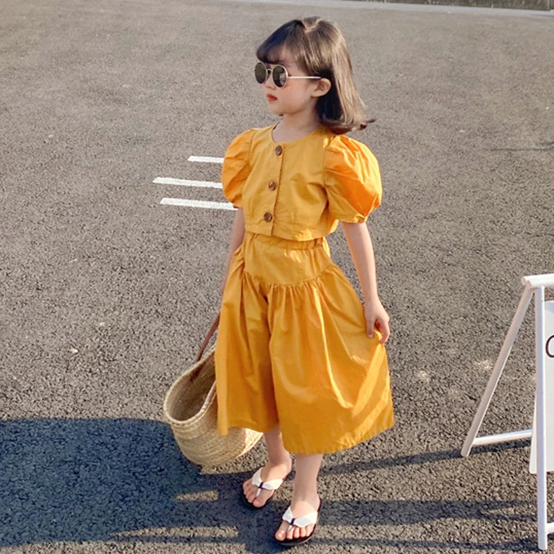 2022 Spring Summer New Children\'S Clothing Sets Girls Fashion Suits European American Style High-Waisted Tops And Wide-Leg Pants