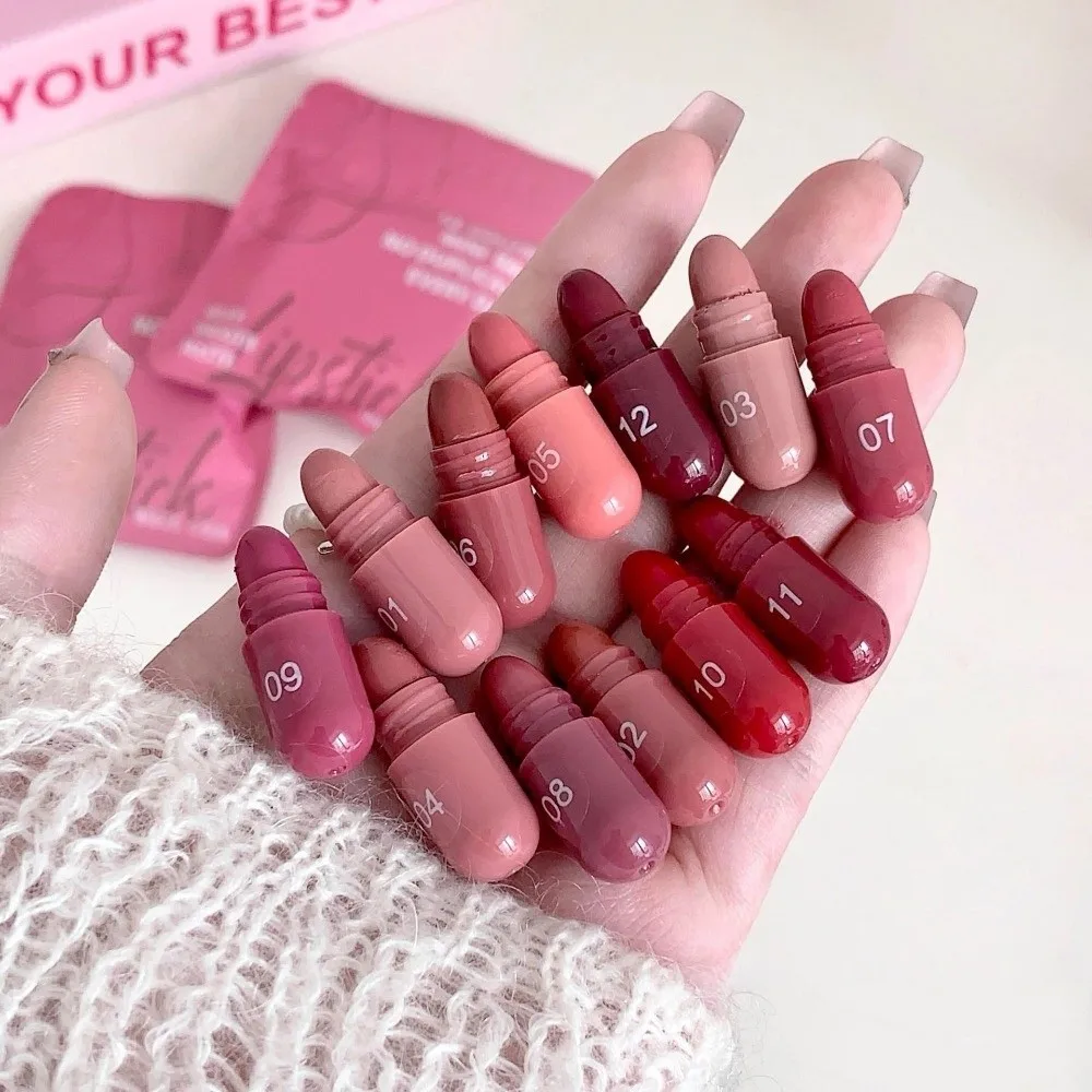 12pcs New Matte Finish Capsule Lipstick Set Non-Sticky Texture 12 Colors Lipstick Long Lasting Lip Gloss Daily Makeup