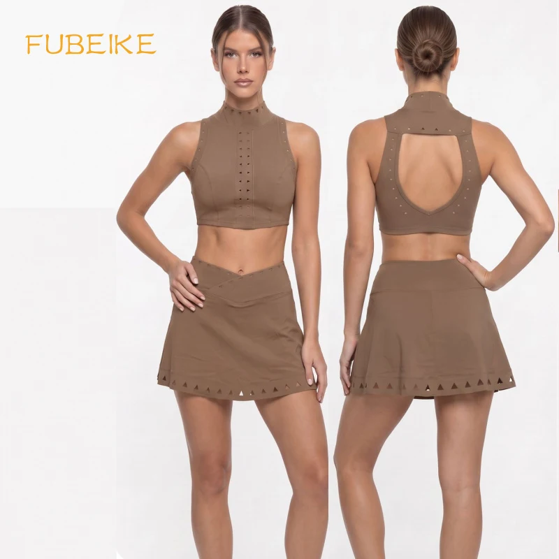 Woman Sports Sets Hollow-out Yoga Top With Beauty Back Sexy Outfits A Word V Lined Tennis Mini Skirt Set Sportswear Woman Gym