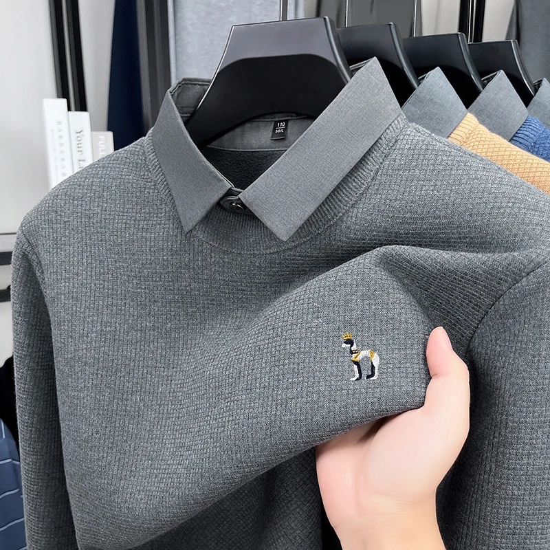 Hochwertiger Herren-Pullover, Winter, Neues Samt-Modell, Verdickt, Warm, Hemdkragen, Modemarke, Cartoon-Hund-Stickerei, Lässiger Strickpullover – Detail 25