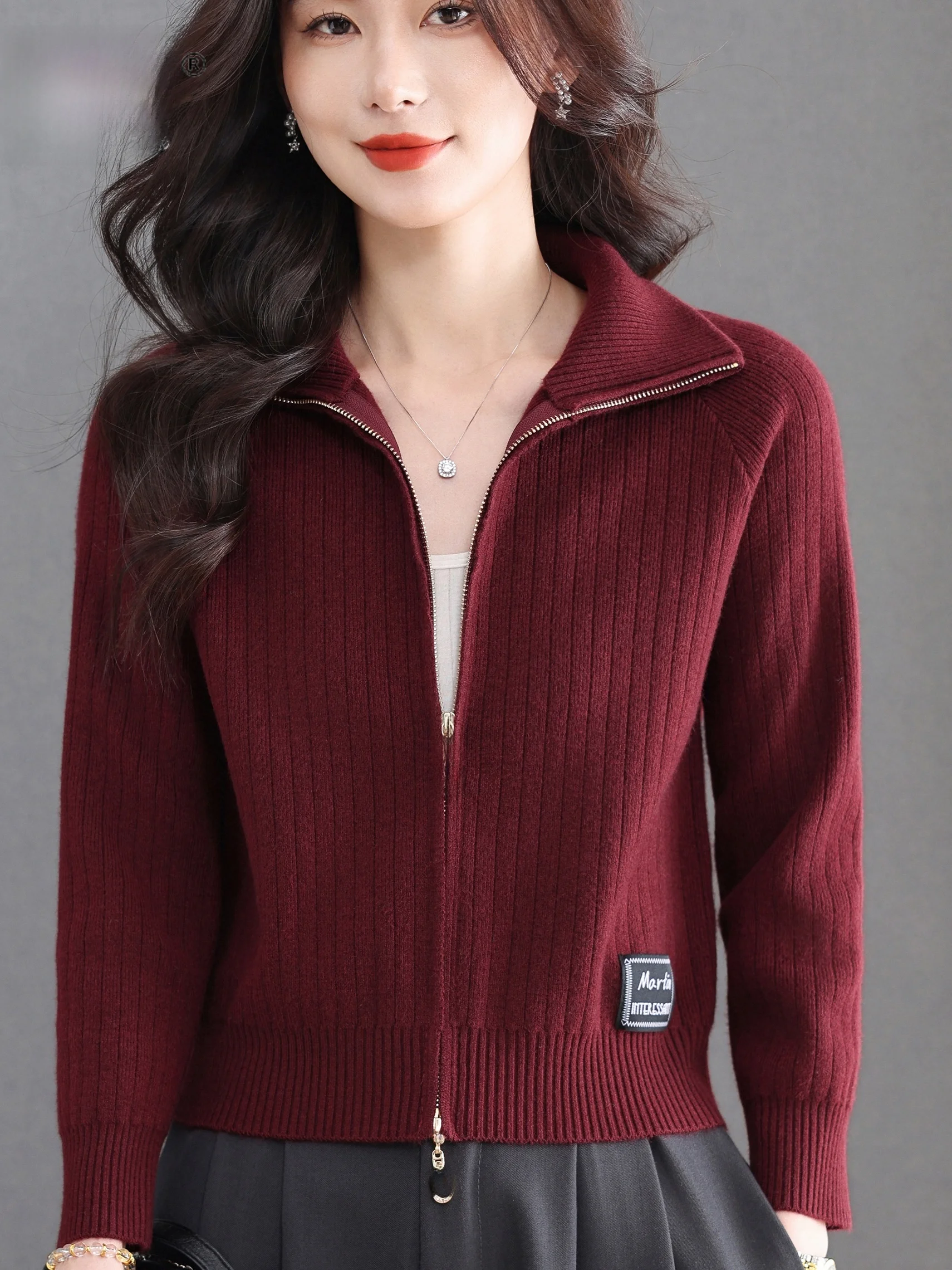 

Весенне-осенний вязаный кардиган на молнии винного цвета, стройнящий, универсальный, для женщин среднего и старшего возраста