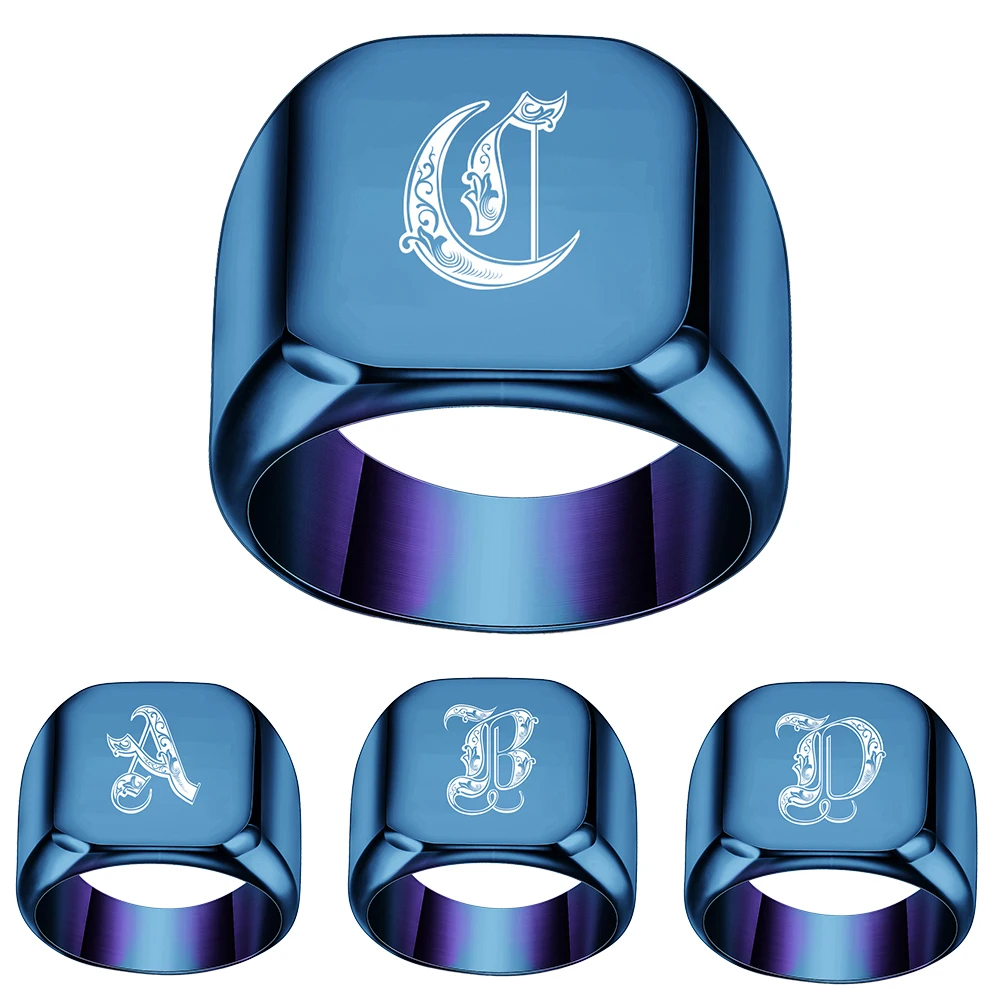 Image of Personalisierter Siegelring mit Initialen A-Z für Männer, blauer Edelstahl, gotischer Alphabet-Buchstabenring, individueller Schmuck, Geschenk für Ihn
