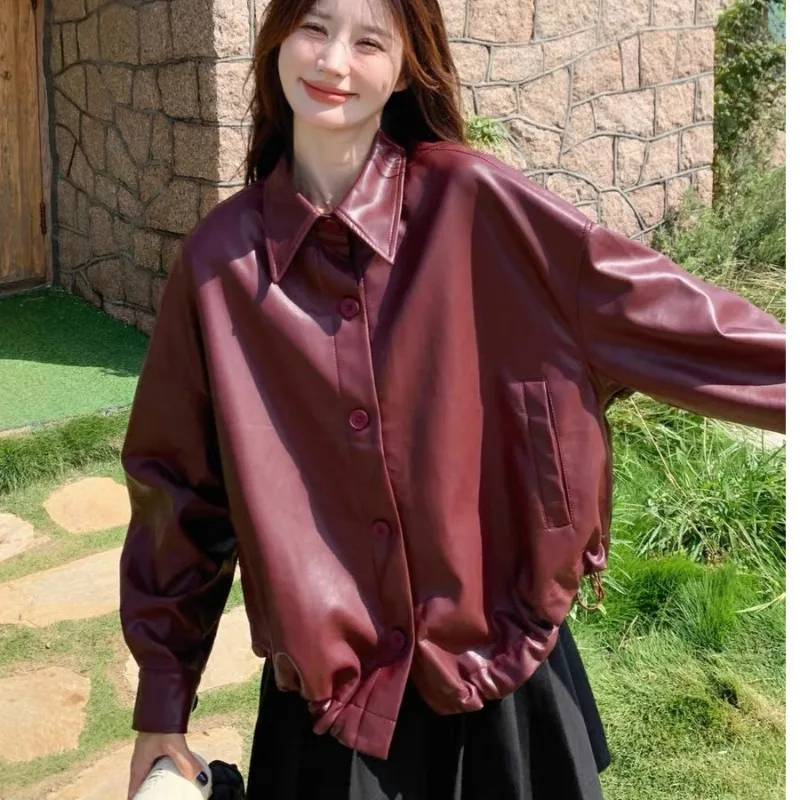 Red PU Leather Jacket Women's Short Casual Loose Vintage Coat 2025 Spring Lapels Single Breasted Top Women New Coats and Jackets