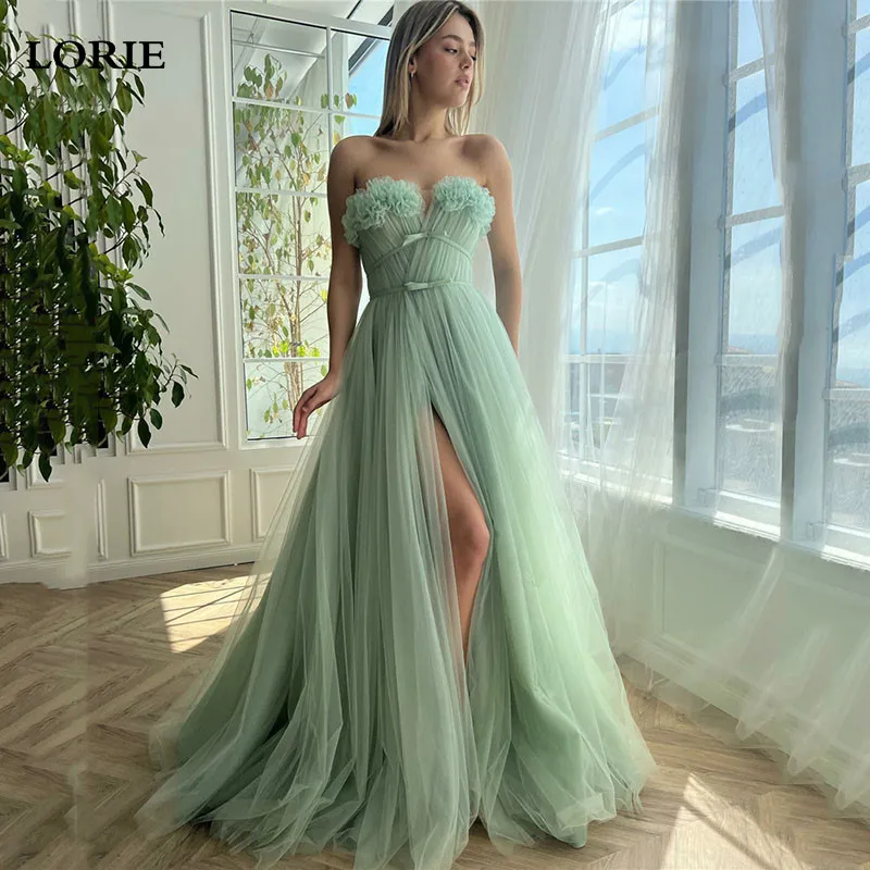 

LORIE Emerald Green Prom Dresses A Line Strapless Evening Party Dress Puff Tulle Side Split Prom Gowns 2023