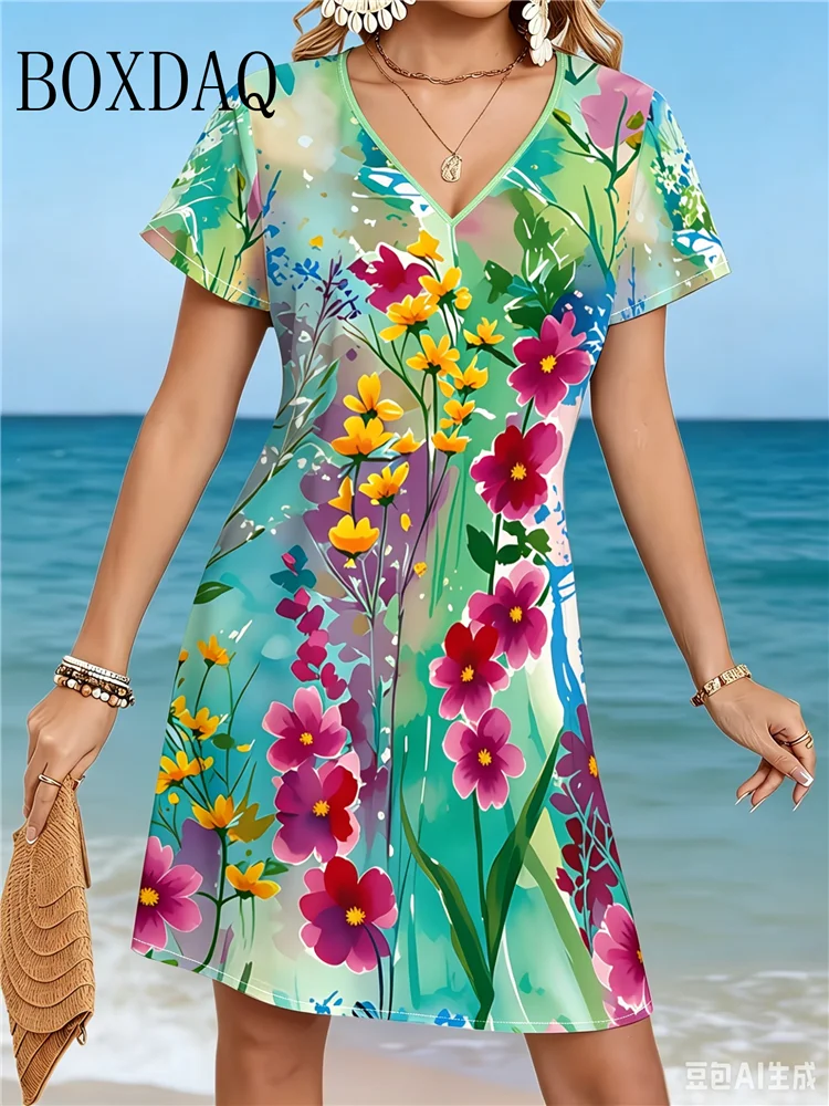2026 Summer Vintage Women's Dress Casual Retro Ethnic Style Pattern Printed Clothing Plus Size V-Neck Short Sleeve Fashion Dress