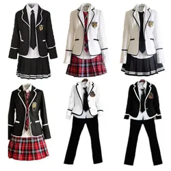 2022 Women Girls Pleated Skirt with Jackets Y2K Teens  School Uniform Cosplay Costume Black Red Plaid Skirt Tops Coat Sets S-3XL