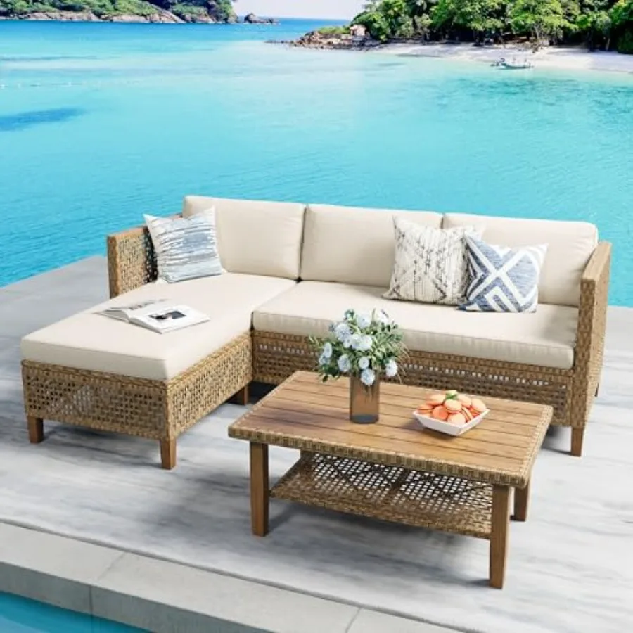 

Wicker Patio Furniture Set Outdoor L-Shaped Sectional Sofa with Cushions and Acacia Wood Coffee Table Boho Style for