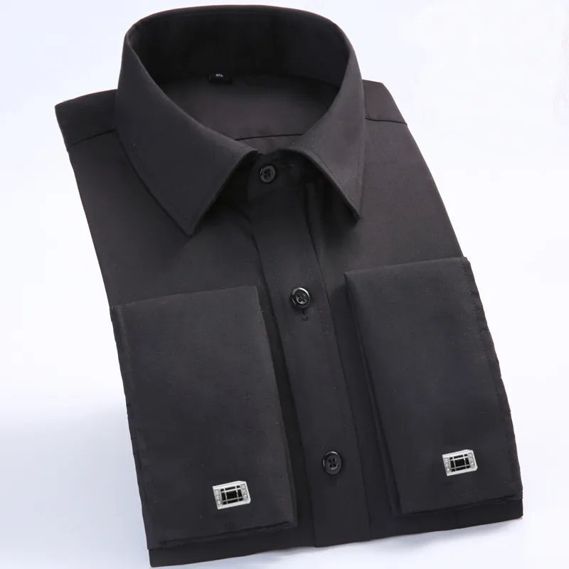 French Cuff Dress Shirts Long Sleeve Mens Business Formal Shirt with Cufflinks Tuxedo Party Wedding Male Spread Collar