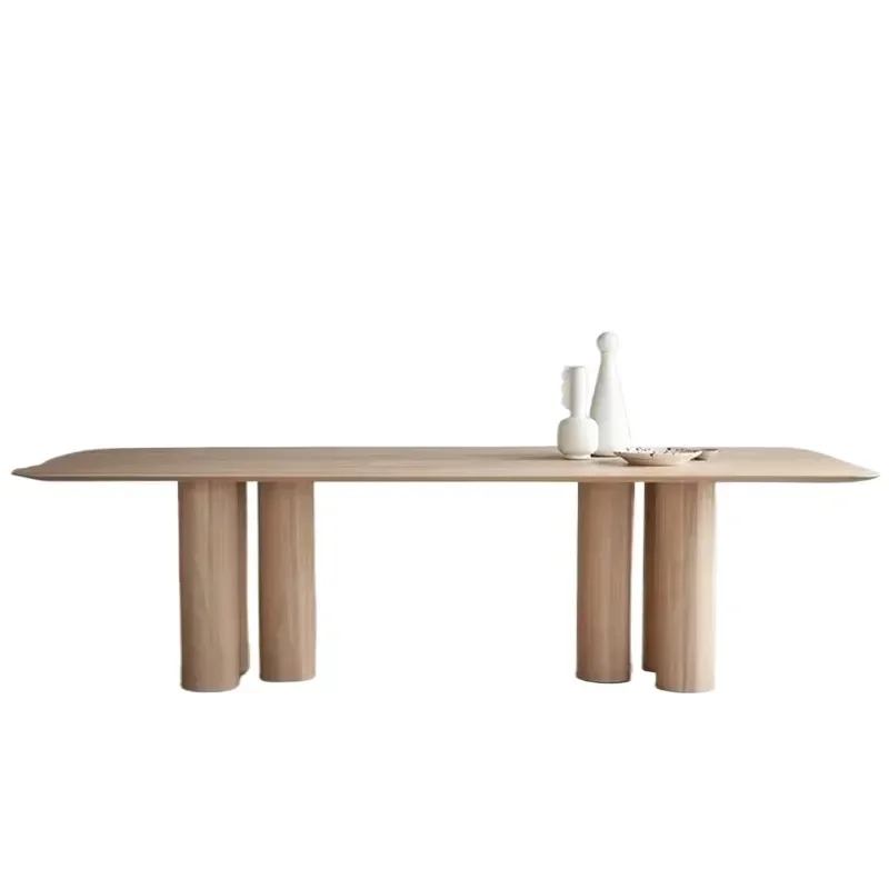 Nordic Hotel Dining Table and Chair Set Solid Wood Cylindrical Eating Table Retro Rectangular Worktable Negotiation Table