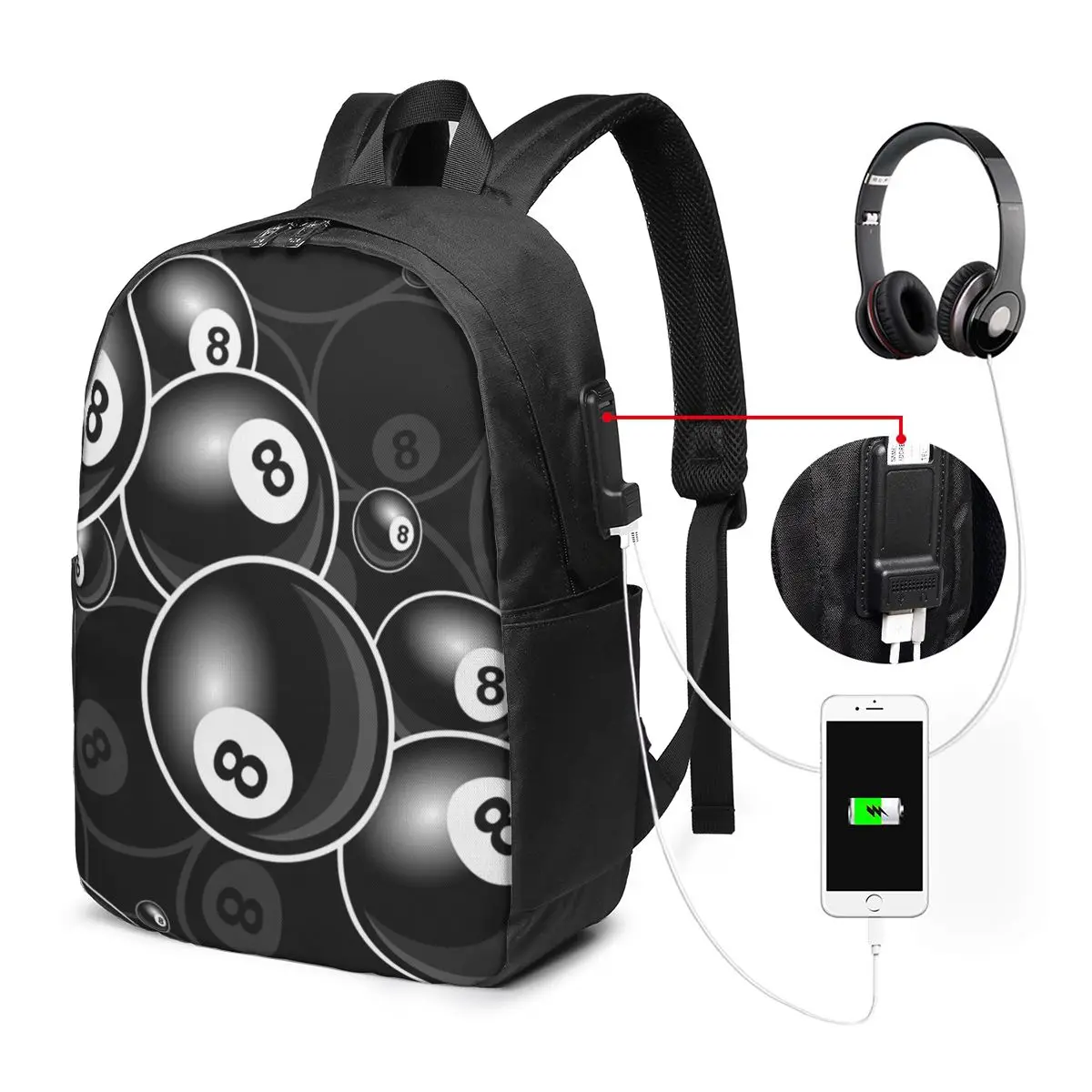 

Billiards Black Ball Ball Black And White Backpack Travel Notebook Bag Computer College Student School Bag Laptop Shoulder Bags