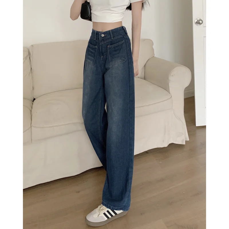 Imagem -04 - Blue High Waisted Mulheres Straight Jeans Streetwear Coreano Moda Design Vintage Wide Leg Pants Verão 2023 Feminino Denim Trouser