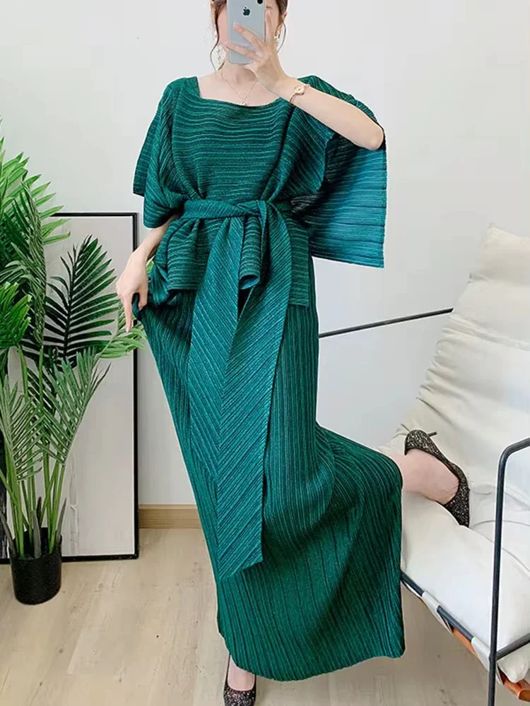 EGRM Miyake 2 Pieces Pleated Skirt Set For Women Batwing Sleeves Loose Top With Long Length Skirts Female Elegant Clothing 6R528