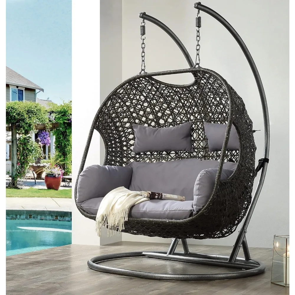 

Double Swing 2 Person Hanging,Wicker Rattan Egg Chair UV Resistant Cushion with Steel Stand for Indoor Outdoor Patio Garden,Gray