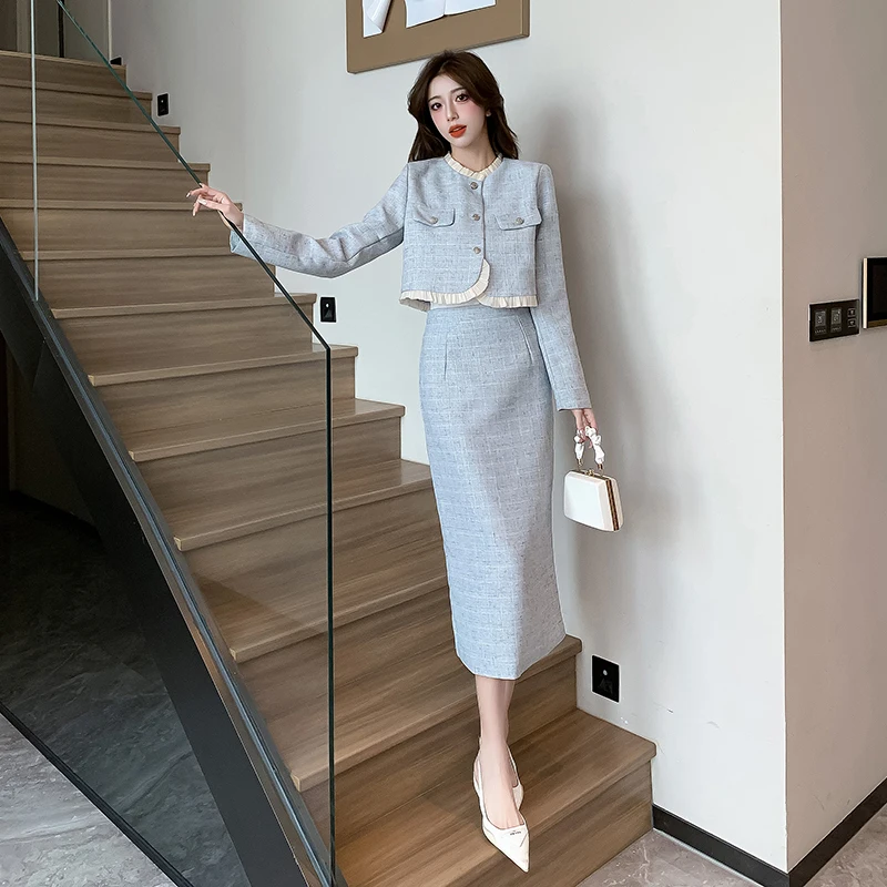 Autumn new small fragrance style ladies two-piece suit ladies short coat Crop Jackets and high-waisted mid skirt skirts