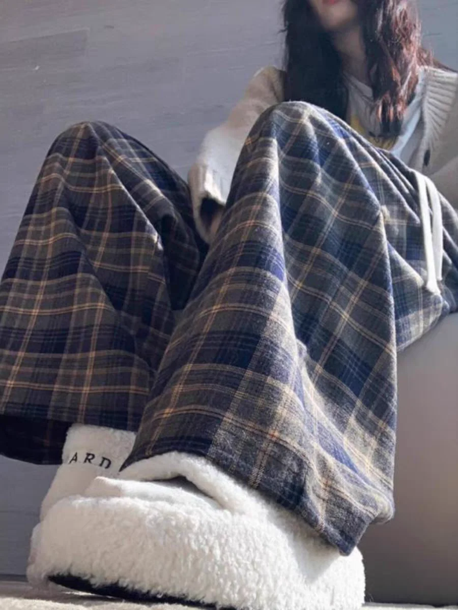 Damskie spodnie w kratę w stylu retro z szerokimi nogawkami, luźne, proste, w stylu koreańskim, codzienne, jesienno-zimowe, nowa moda studencka.