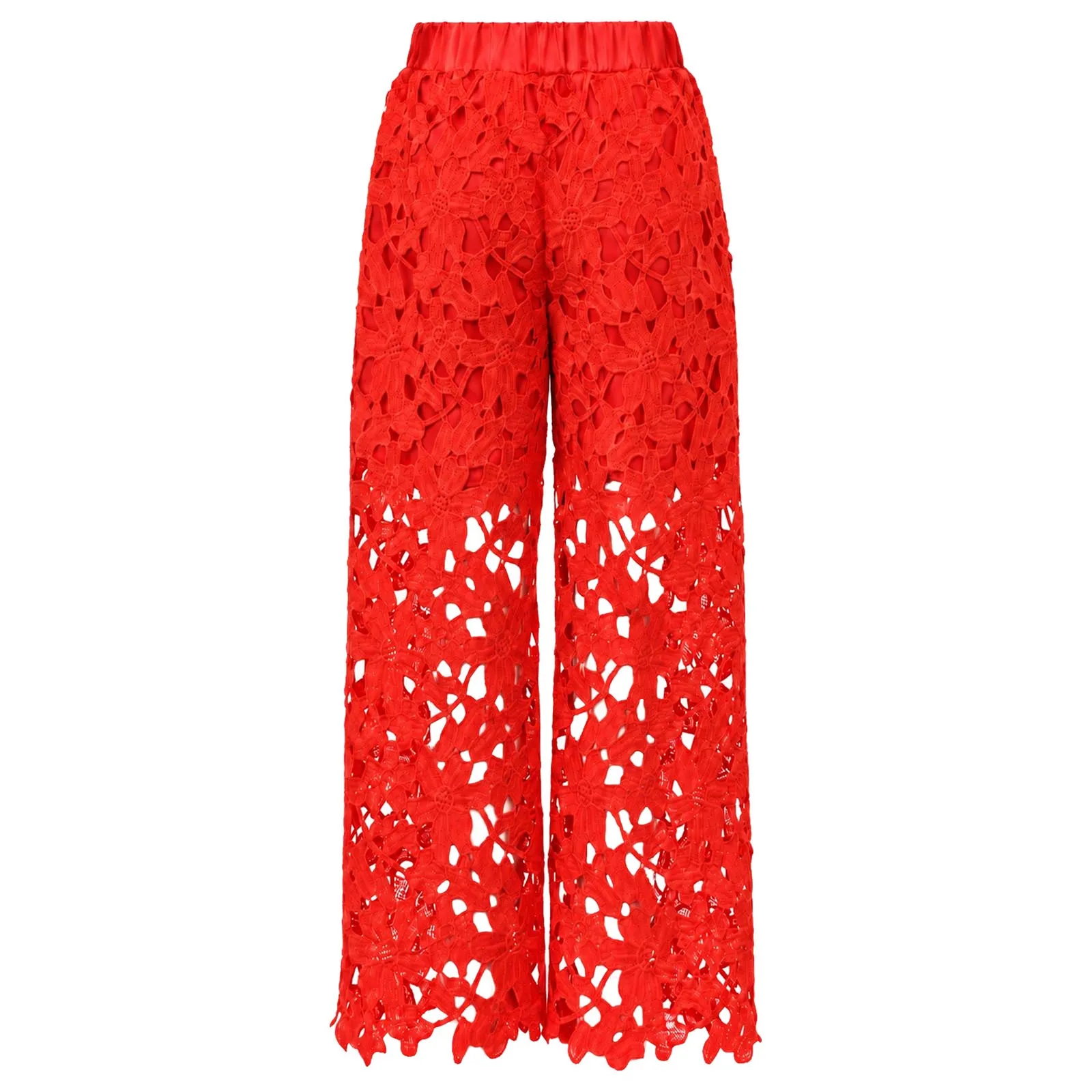 Kids Girls Hollow Out Floral Lace Pants Child Elastic Back Waist Belted Trousers for Birthday Party Wedding Banquet Formal Event