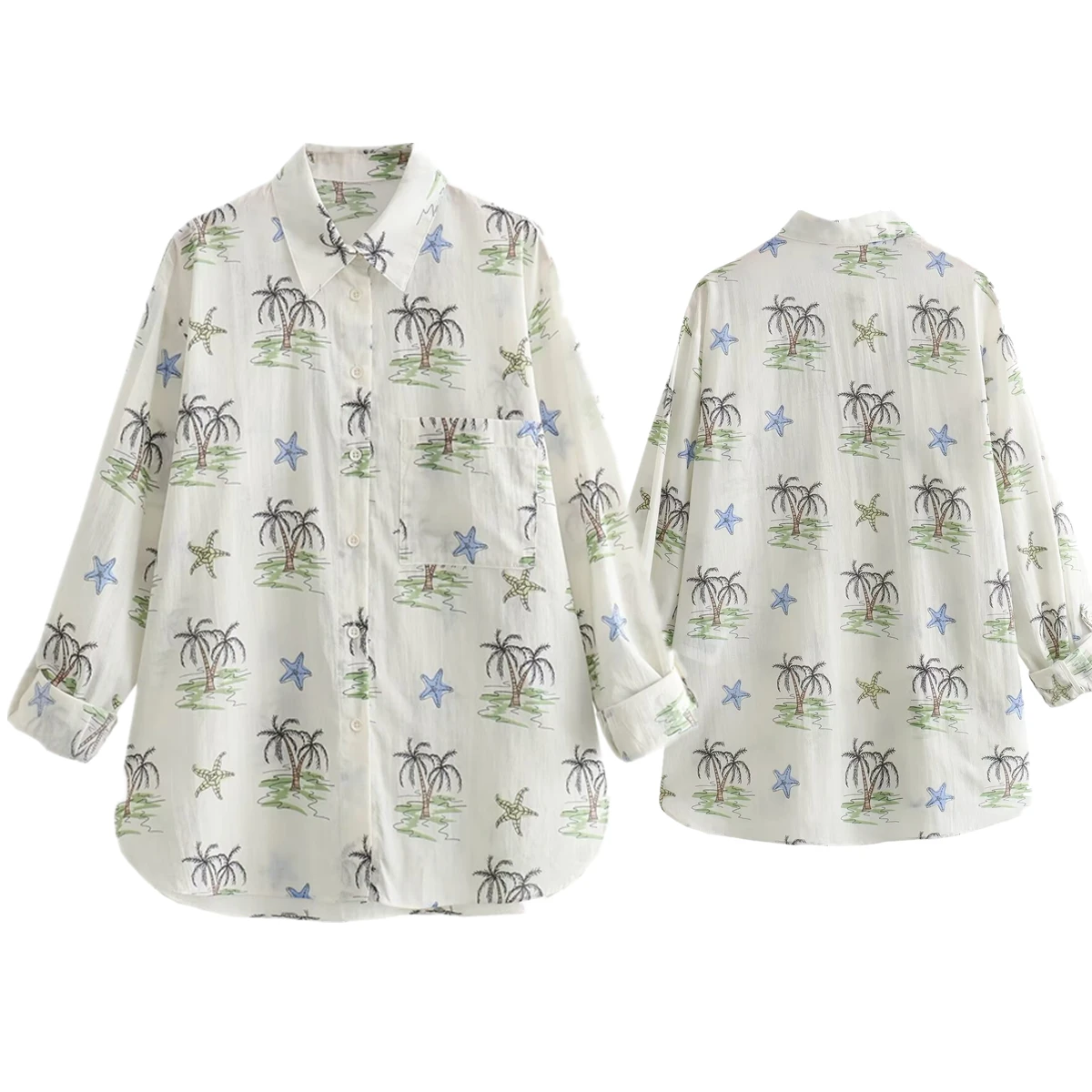 Jenny&Dave Tropical Rainforest Printed Shirt Women Fashion Ladies Casual Roll Up Sleeved Loose Blouse Women Tops