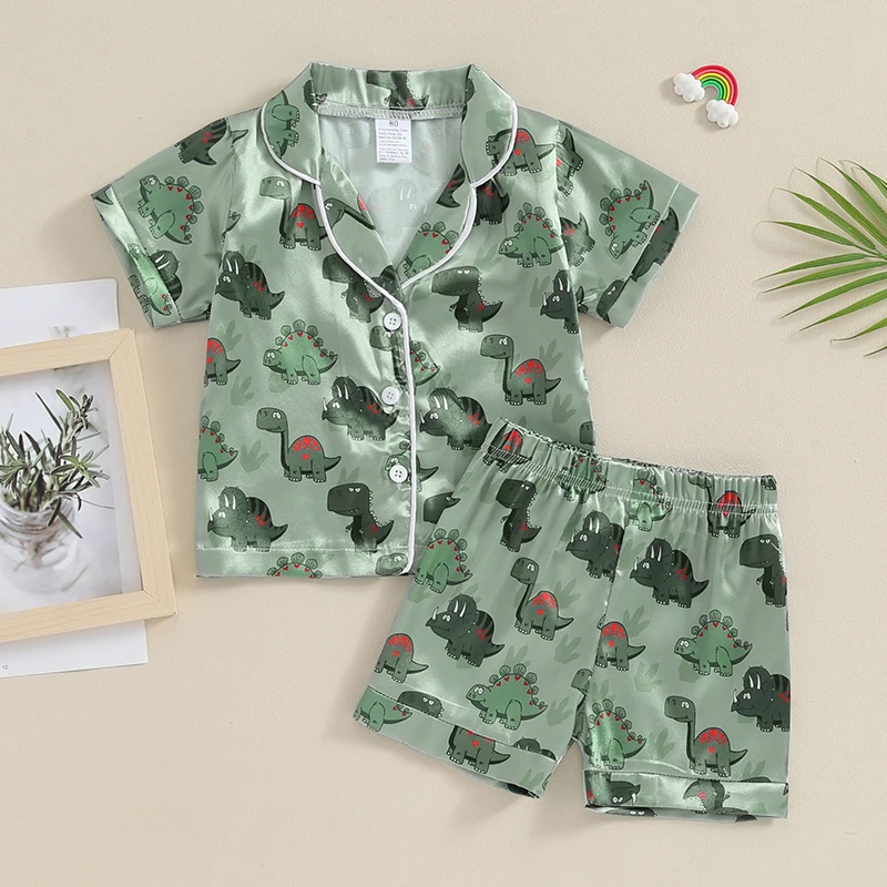 

Kids Boys Summer Pajama Outfits Dinosaur Print Turn-Down Collar Short Sleeve Shirts and Elastic Waist Shorts 2 Pieces Sleepwear