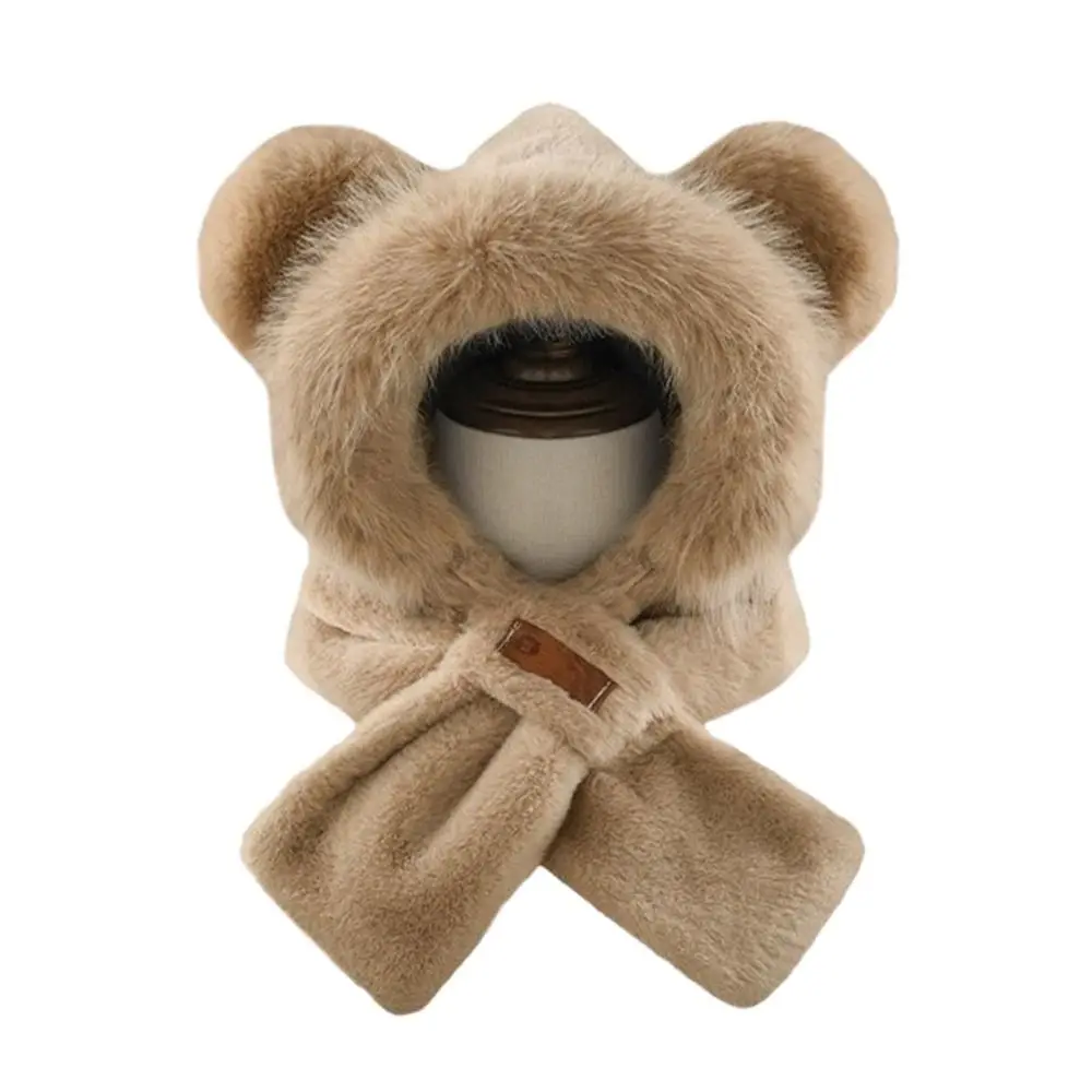 かわいいぬいぐるみ風冬用一体型キャップスカーフ、暖かい防風ビーニー帽スカーフ、カジュアルな厚手スカーフセット、フード付きサイクリング用