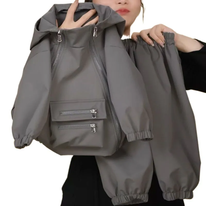 مجموعة جديدة لربيع وخريف 2025 للأطفال باللون الرمادي بتصميم شخصي وسحاب وقلنسوة وسروال مكون من قطعتين #5