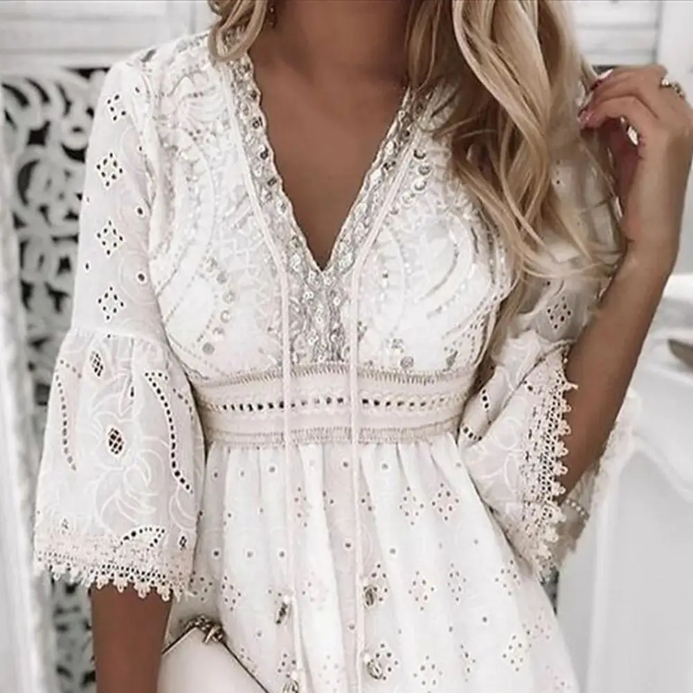 New Elegant Party Dresses For Women A Line Short Hollow Out Embroidery Solid V Neck Summer Dress Woman 2024 Trendy White Clothes