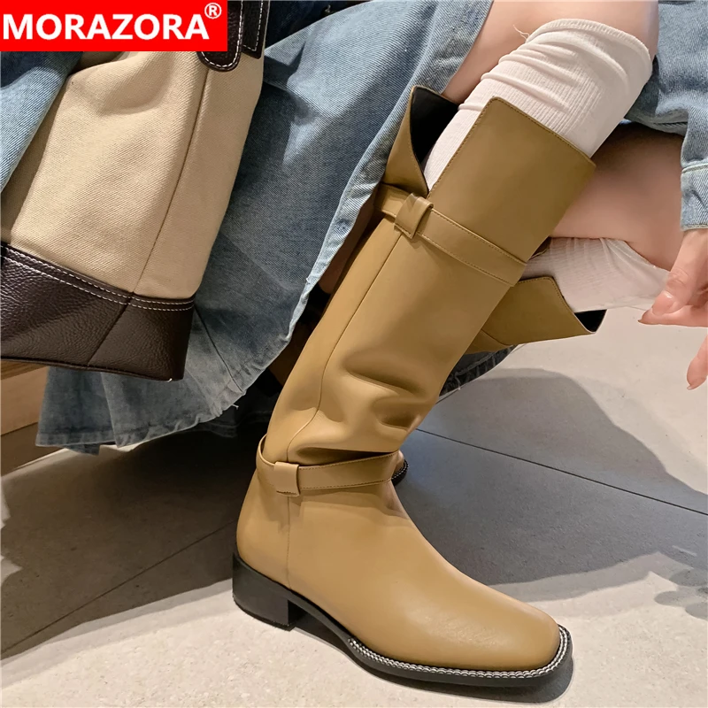 

MORAZORA Plus Size 34-42 New Genuine Leather Women Boots Buckle Knee High Boots Fashion Square Low Heels Ladies Long Botas