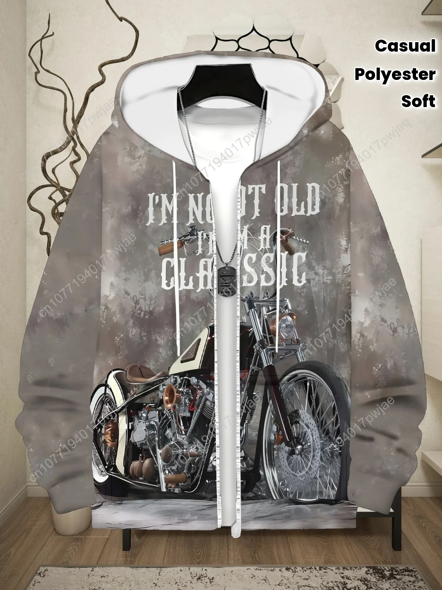 [Vintage Motorcycle Hoodie] Vintage Motorcycle Print Hoodie for Men - "I'm Not Old, I'm Classic" Design, Soft Polyester Zip-Up H