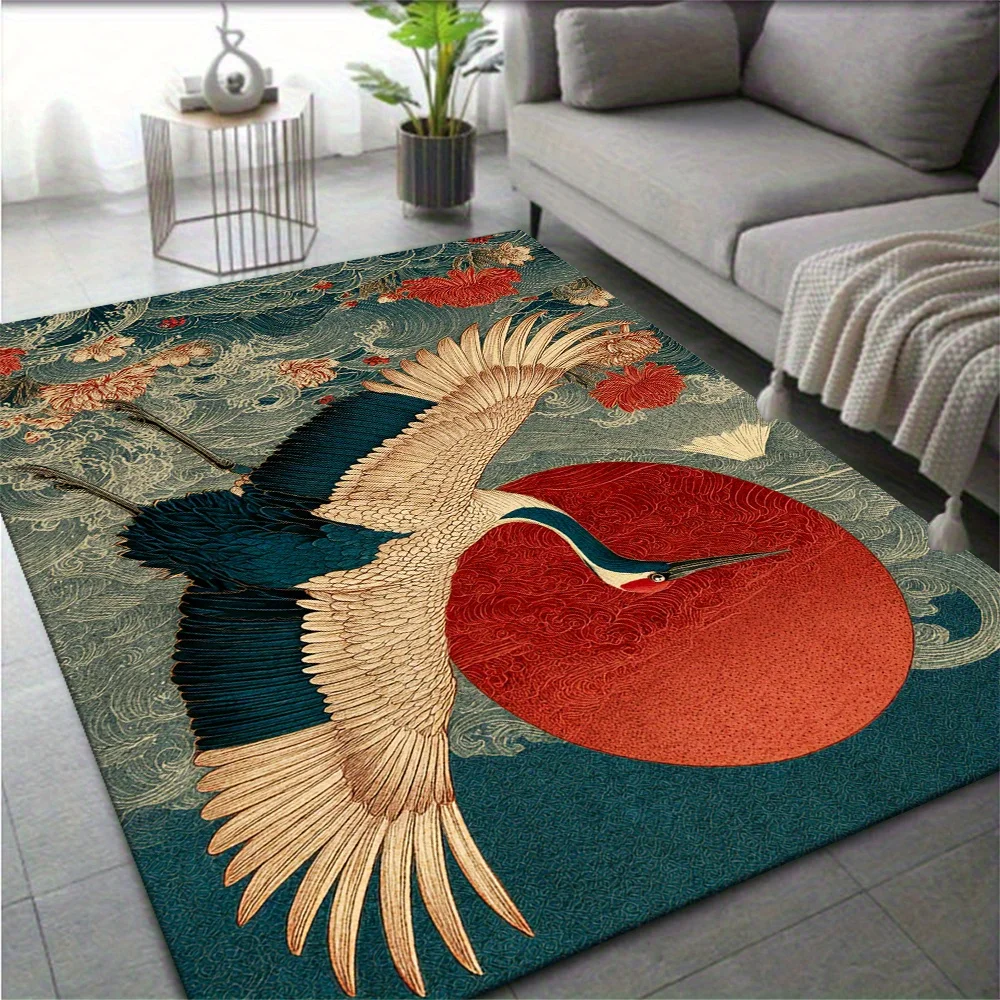 1pc 2D Flat Red‑Crowned Crane Sun Oriental Printed Floor Mat, Decorative Rug for Living Room, Bedroom, Home