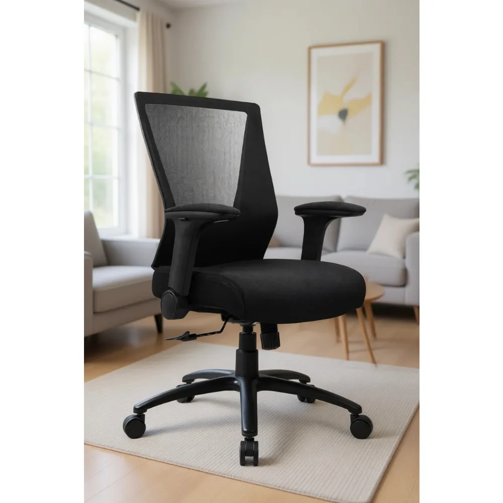 Heavy Duty Ergonomic Desk Chair for Home and Office Use, 500lbs Capacity, Flip-up Arms, Wide Seat Cushion, Black