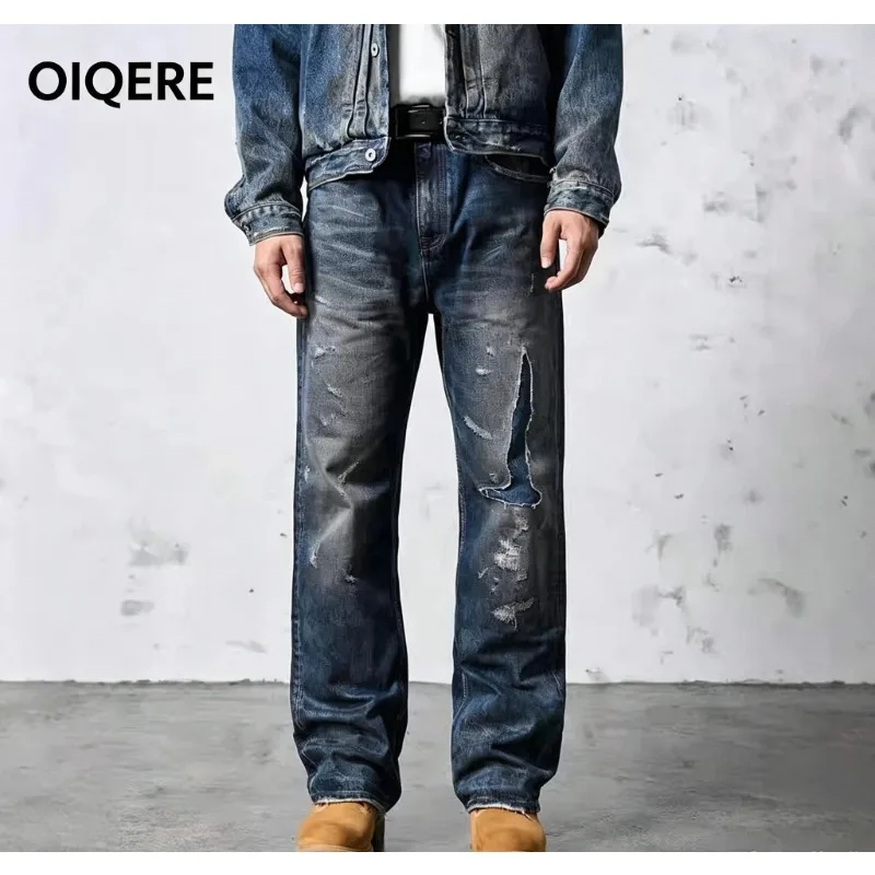 OIQERE Men European American Ripped Spliced Jeans Distressed Washed Loose Straight Leg Casual Denim Long Trousers