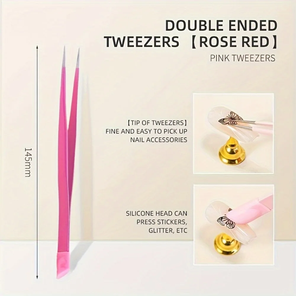 シリコンプレス付き両端ネイルアートピンセット 3 個 - 精密ラインストーンアプリケーター & マニキュアツール、無臭
