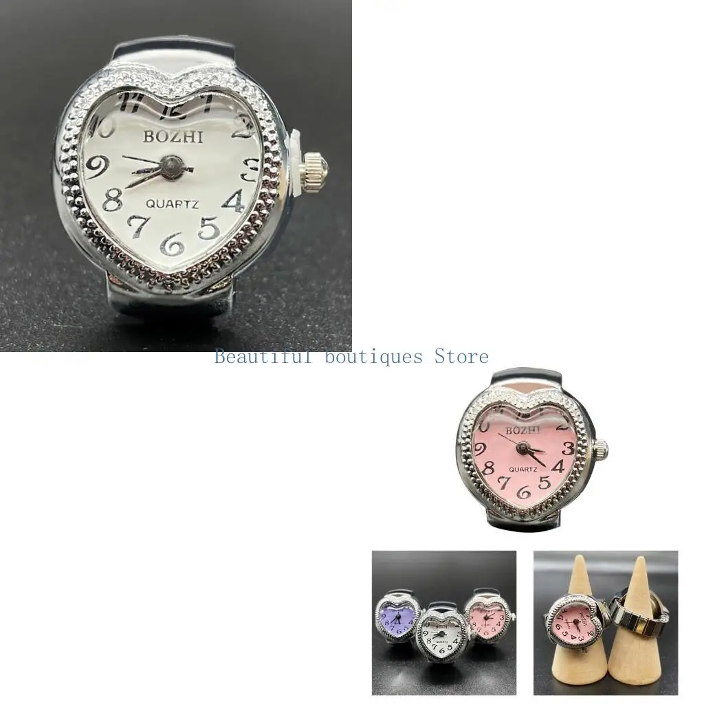 U4LF Heart Shape Ring Watch for Women Men Analog Quartz Watch Arabic Numerals Dial Elastic Band Finger Clock Valentines Day