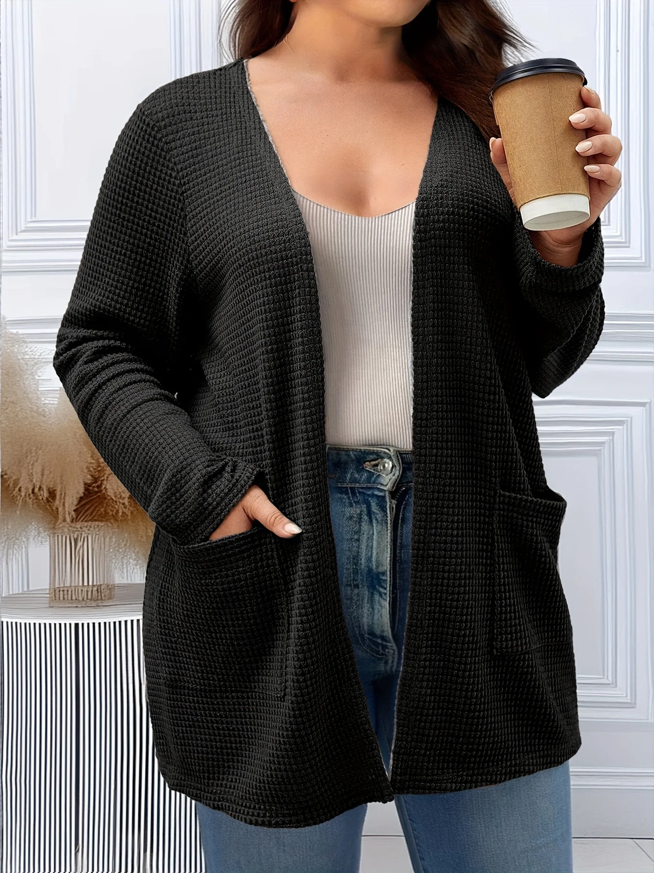 Women's Plus Size Waffle Knit Cardigan Open Front Long Sleeve Casual Loose Fit with Pockets