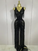 Sparkly Black Rhinestones Sequined Fringe Jumpsuit Women Sexy Nightclub Party Birthday Outfit Show Singer Stage Perform Costume
