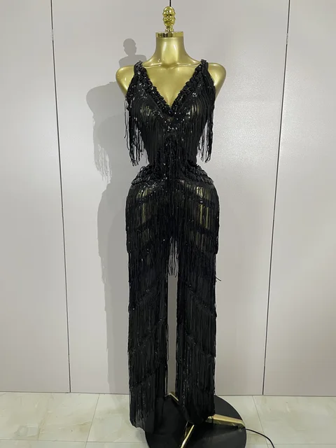 Sparkly Black Rhinestones Sequined Fringe Jumpsuit Women Sexy Nightclub Party Birthday Outfit Show Singer Stage Perform Costume