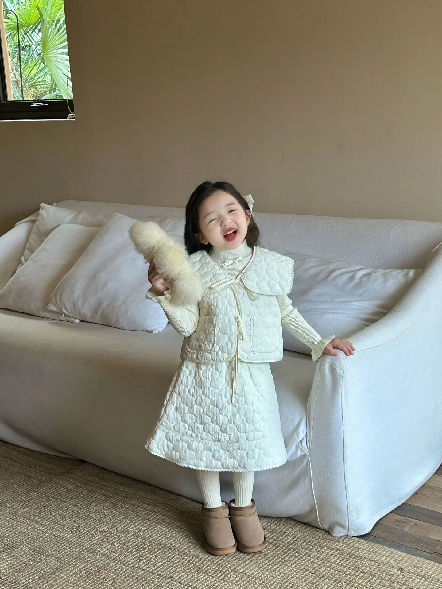 Girls Set Autumn and Winter New Childrens Clothing Girls Big Collar Embroidered Skirt Set Childrens Cotton Vest Skirt