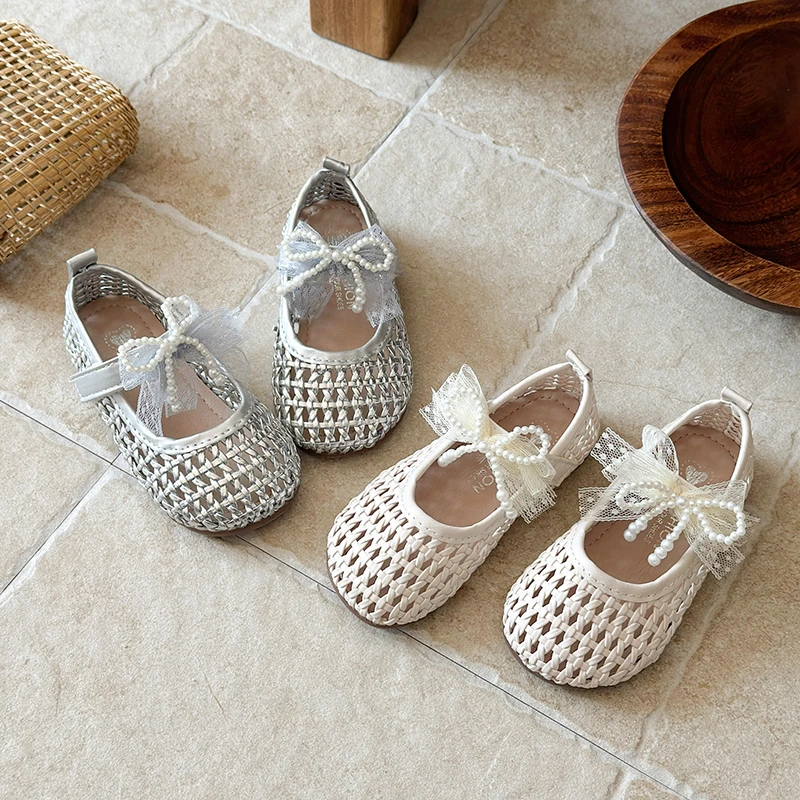 

Summer Girl's Sandals Braided Hollow-out Beading Kids Flat Shoes Cover Toe Breathable Stylish Comfy Children Slippers 23-33