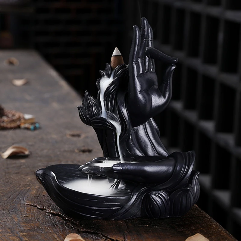 HOT-Backflow Lotus Incense Burner Waterfall Incense Cone Bergamot Incense Stick Holder Home Zen Buddha Hand Incense Burner