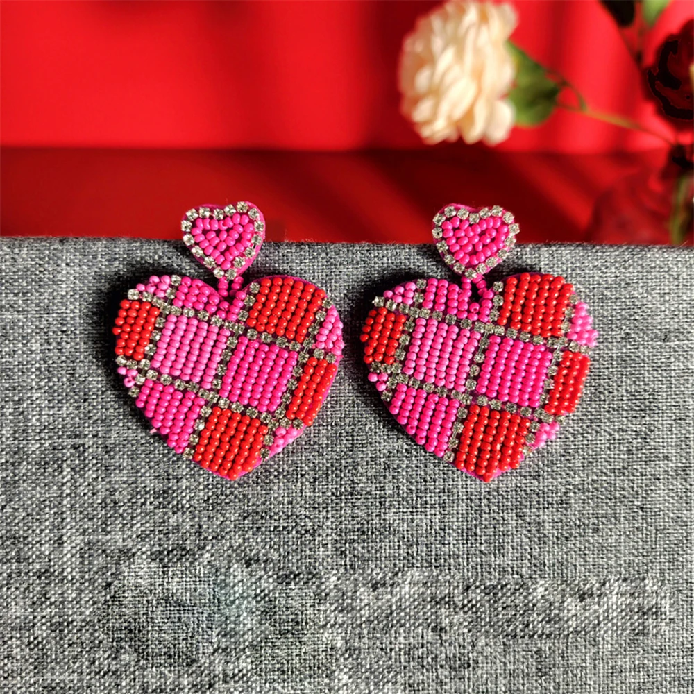 2024 Trend Aesthetic Seed Beaded Jewelry Valentines Day Gift Pink Red Letter Love Double Heart Shape Drop Earrings for Women Her