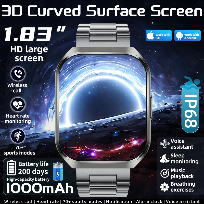 

LIGE 1000 мАч Смарт-часы Ежедневный мониторинг сердечного ритма 3D изогнутый дисплей Bluetooth-вызов 1,83 "HD-экран Спортивные умные часы 2026 Мужчины