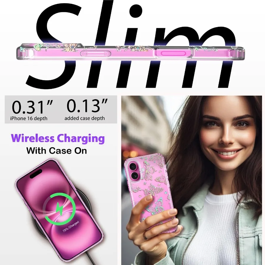 아이폰 16용 투명 글리터 보호 케이스 (스크린 보호필름 포함) 군사 등급 10피트 낙하 방지 디자인 반짝이 크리스탈
