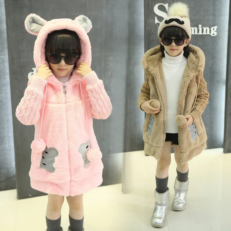 Winter Girls clothing Faux Fur Parka Coats Thicken Warm Hooded Children Outerwear Cartoon Kids Jackets 8 10 12 Year girl Clothes