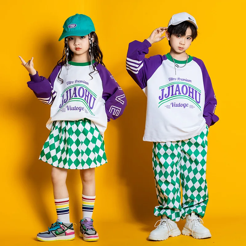 Kid Hip Hop Clothing White Purple Sweatshirt Green Checkered Street Jogger Pants Pleat Skirt for Girl Boy Dance Costume Clothes