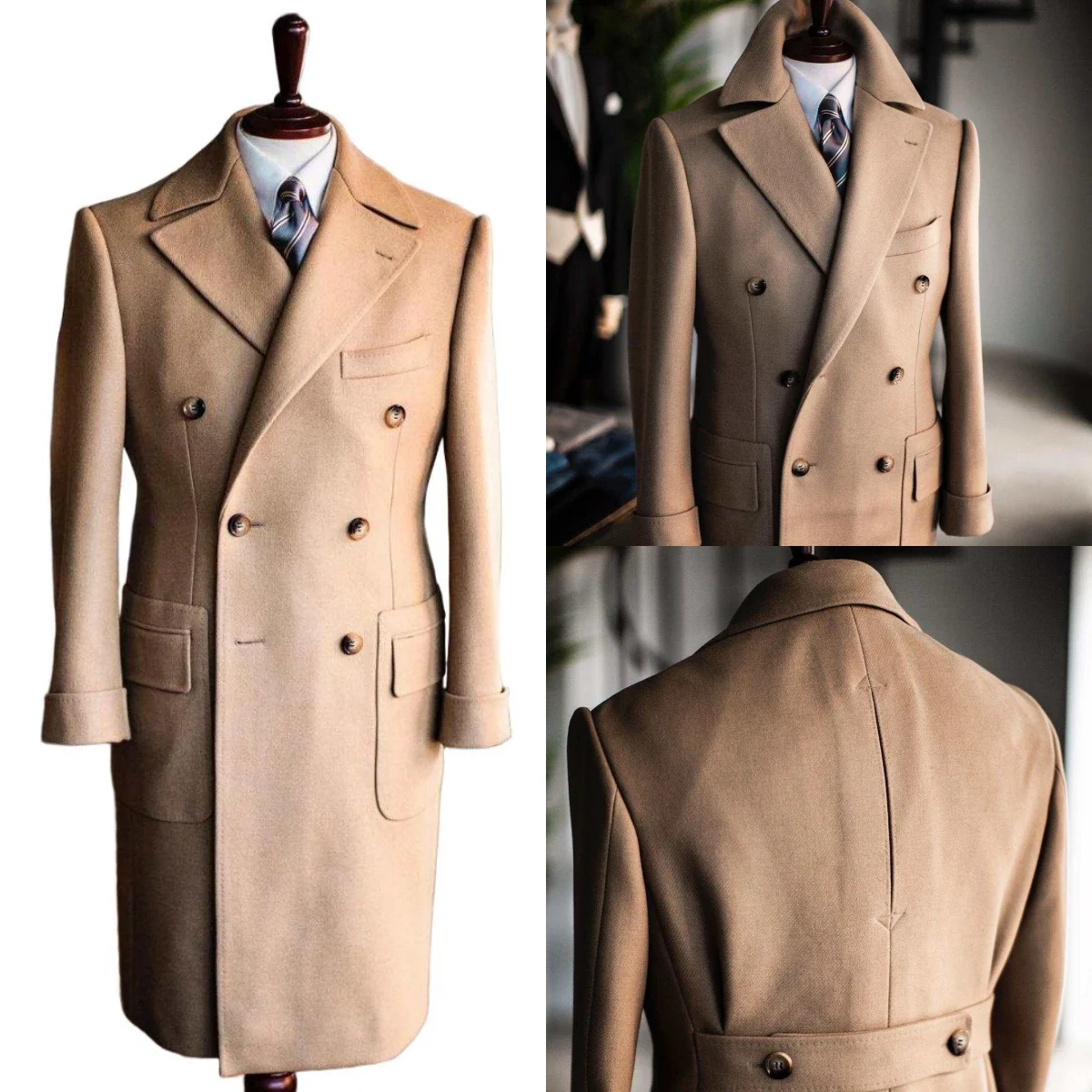 

Classic Autumn Winter Long Men Coat Double Breasted Wool Jacket Trench Overcoat Peaked Lapel Formal Business Custom Made