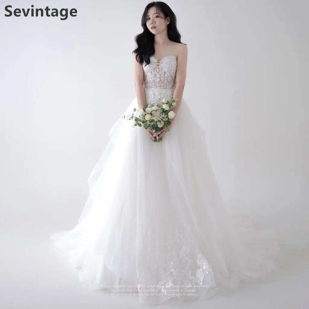 

Sevintage цвета слоновой кости корейское трапециевидное кружевное свадебное платье с аппликацией в форме сердца, тюлевое свадебное платье, элегантные свадебные платья по индивидуальному заказу