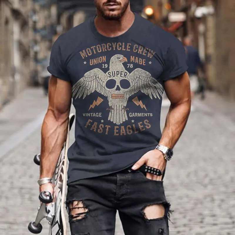 T Shirt for Men Retro Streewear Skull Print Hip Hop Man Clothing Graphic T Shirts Harajuku Male Short Sleeve Tee Trend Clothes